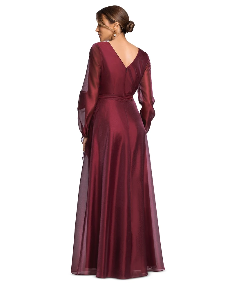 Xscape Women's Metallic Organza Long Sleeve Bow Gown