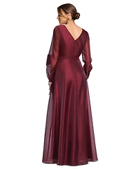 Xscape Women's Metallic Organza Long Sleeve Bow Gown
