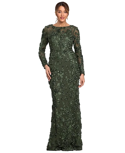 Xscape Petite Raised Flower Crewneck Long Gown Dress
