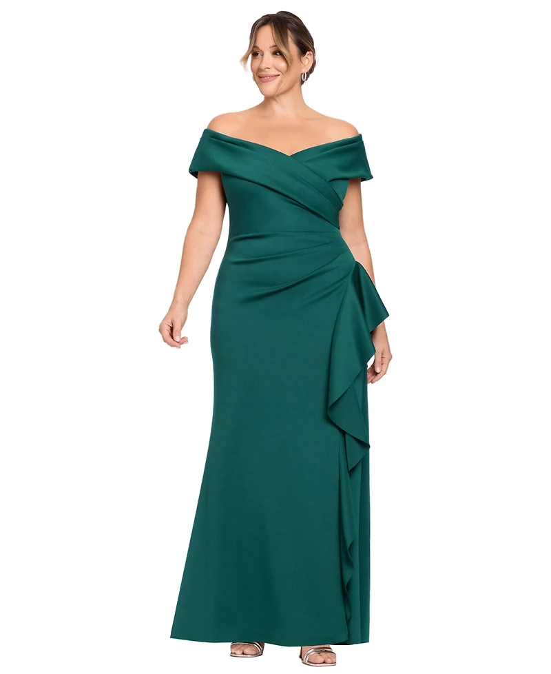 Xscape Plus Off-The-Shoulder Ruffle Sheath Gown