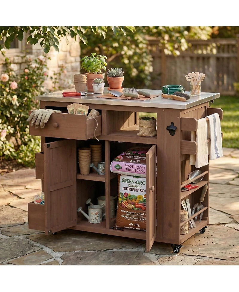 Streamdale Furniture Outdoor Extendable Wood Kitchen Island With Stainless Steel Top