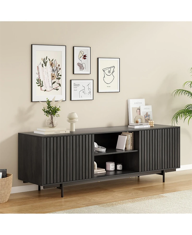 Clihome Mid Century Modern Wood Entertainment Center Tv Stand with Storage and Shelf