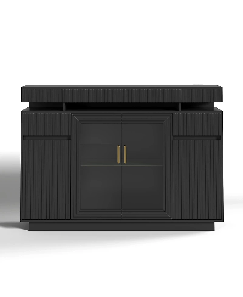 Vlsrka 47.24" Modern Sideboard Cabinet with Led Lights, Glass Doors and Usb Charging