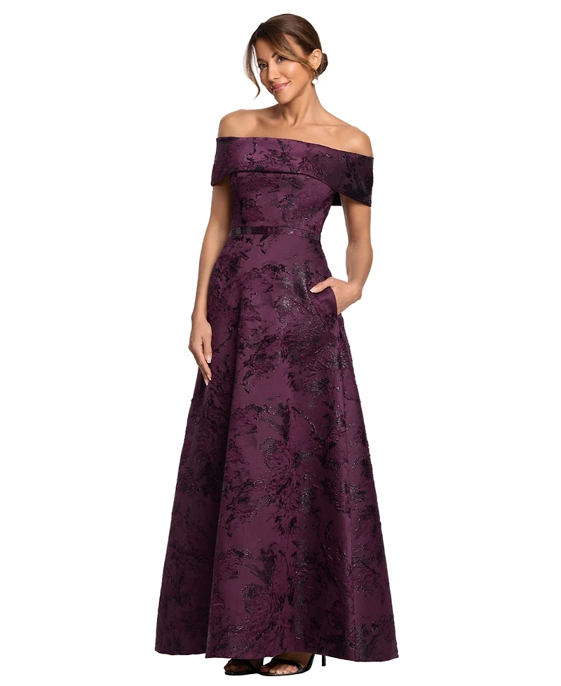 Xscape Petite Off-the-Shoulder Metallic Brocade A-Line Gown