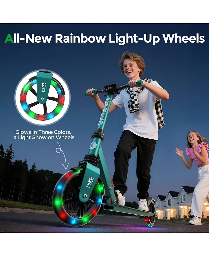Fed Fitness KS1 Foldable Kick Scooter with Led Light, 6+ Ages, 4 Adjustable Heights, 240 Lbs Max Load, Abec 9 Bearings