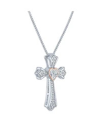 Diamond Cross Pendant Necklace (1/10 ct. t.w.) in Sterling Silver & 14k Rose Gold