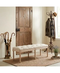 Maison Boucle French Country Tufted Bedroom Bench, 47.2" Cream Linen Upholstered End of Bed Bench, Solid Wood Carved Legs, Entryway Shoe Bench Seat