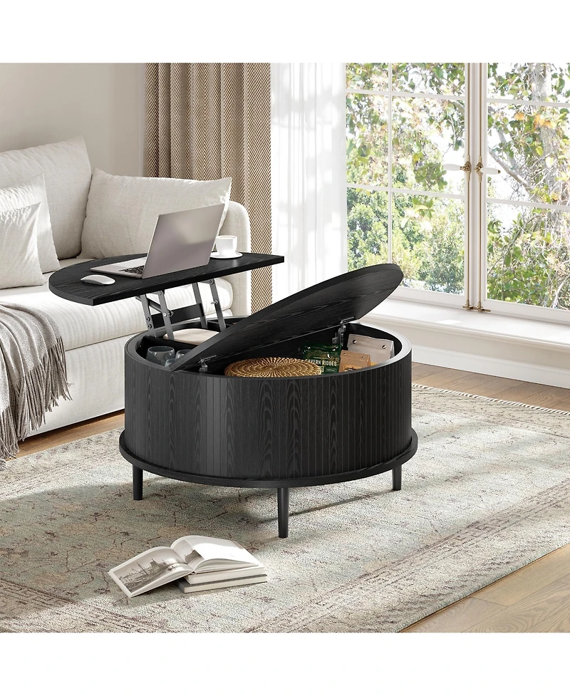 gaomon Round Lift-Top Storage Coffee Table with Vertical Striped Panel, Multi-Functional Hidden Center for Living Room
