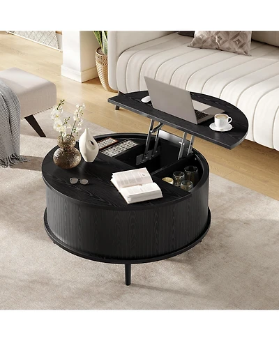 gaomon Round Lift-Top Storage Coffee Table with Vertical Striped Panel, Multi-Functional Hidden Center for Living Room
