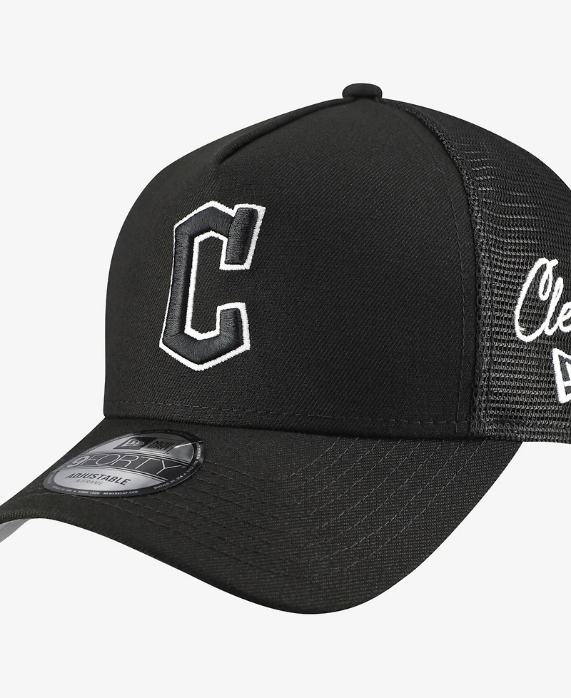 New Era Men's Black Cleveland Guardians Side Script 9FORTY A-Frame Trucker Adjustable Hat