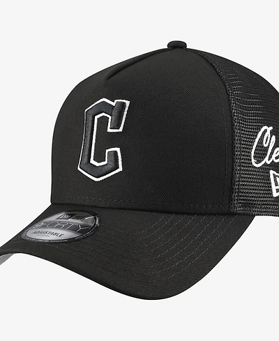 New Era Men's Black Cleveland Guardians Side Script 9FORTY A-Frame Trucker Adjustable Hat