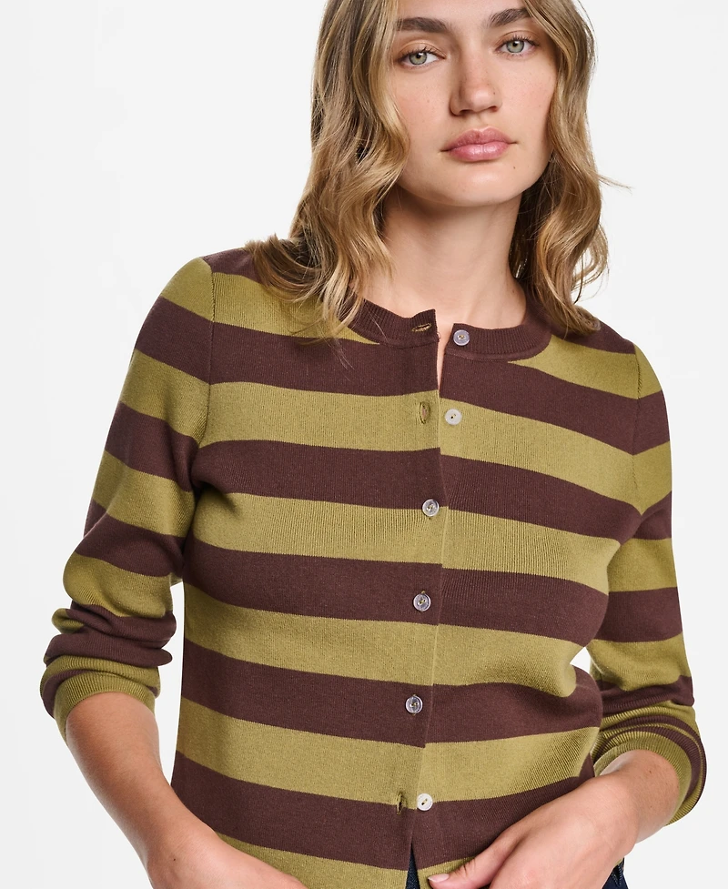 Dkny Jeans Petite Cropped Striped Crewneck Cardigan