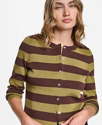Dkny Jeans Petite Cropped Striped Crewneck Cardigan