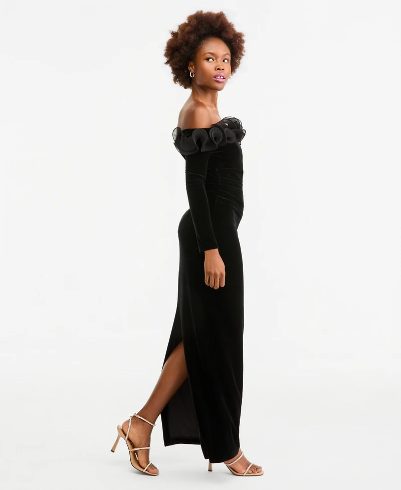 Xscape Women's Off-the-Shoulder Velvet Ruffled Gown