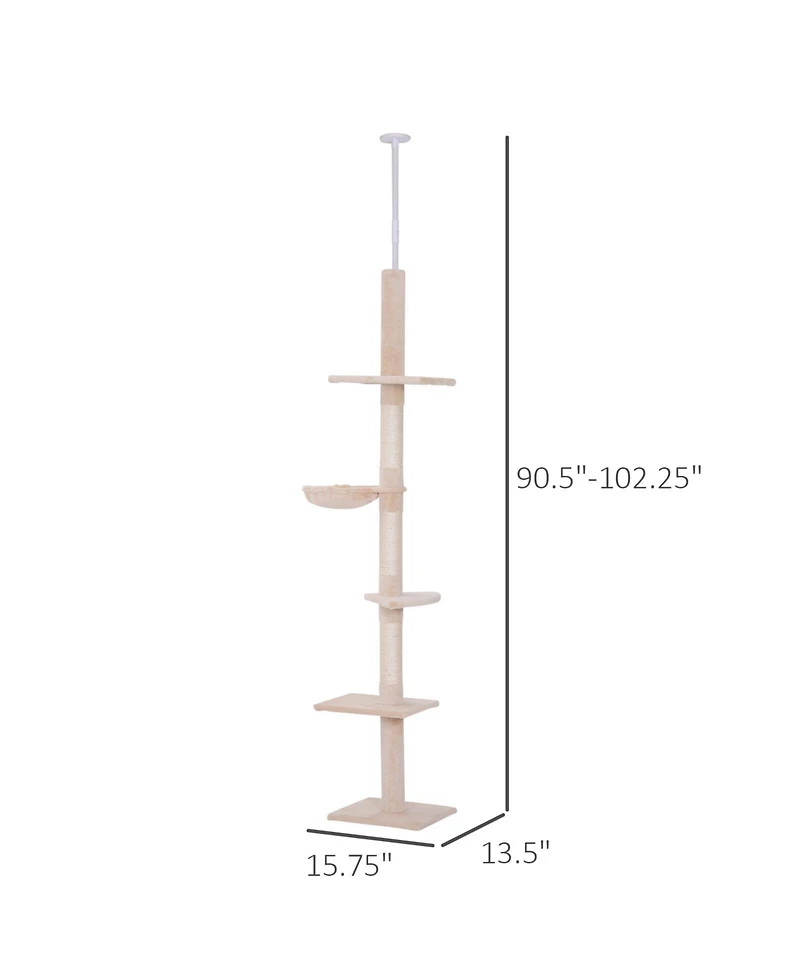 Ruie 102 Inch Adjustable Floor to Ceiling Cat Tree 5-Level Tower with Hammock