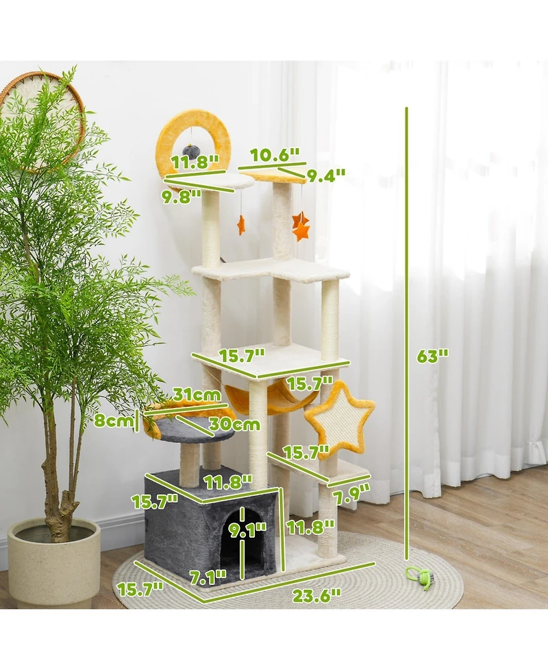 Ruie 63 Inch Moon and Star Cat Tree with Condo Hammock and Scratching Post
