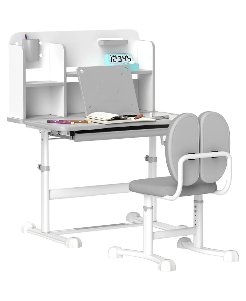 Clihome Kids Study Desk Chair Set Adjustable and Tilt Desktop with Storage Drawer, Book Stand