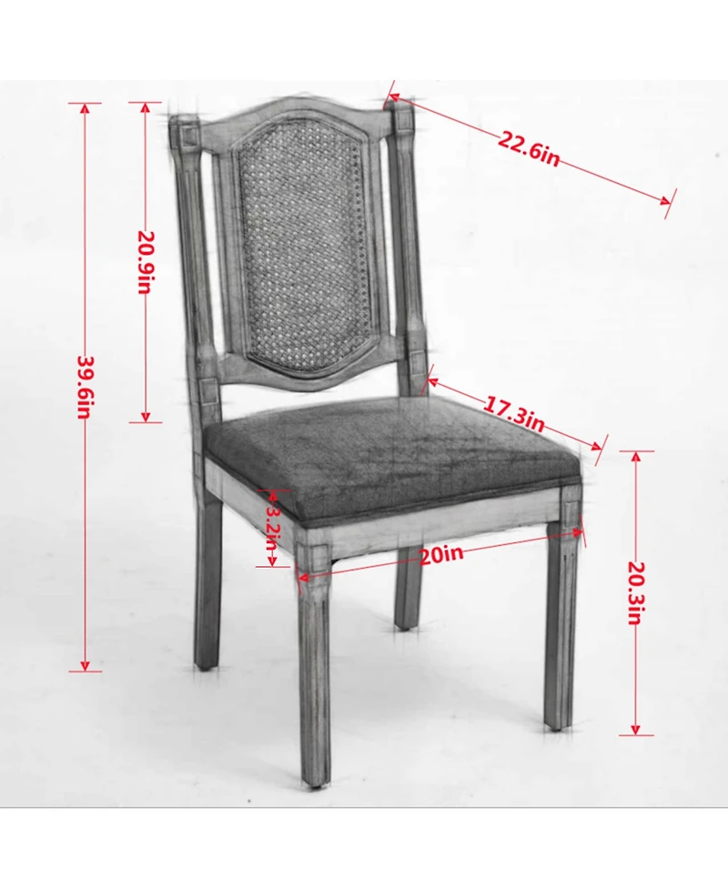 Clihome Set of 2 Solid Wood Rattan-Back Dining Chair, Matte Linen Cushion with High-Resilience Foam