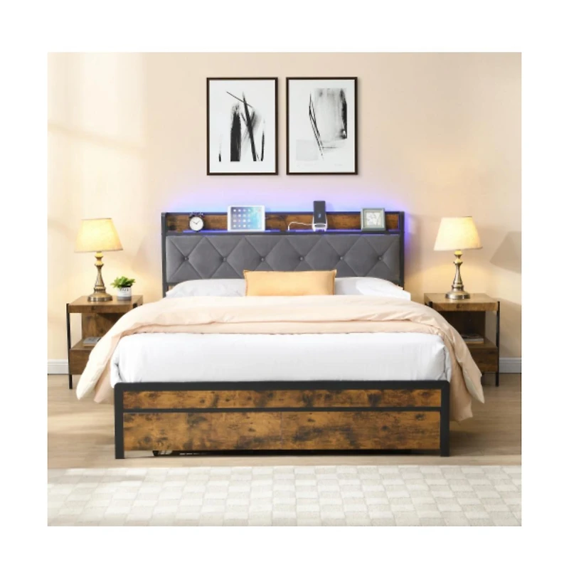 Lucky One Queen Size Platform Bed Frame with Upholstered Headboard, Led Lights, Usb Outlets, 2 Storage Drawers, No Box Spring Needed