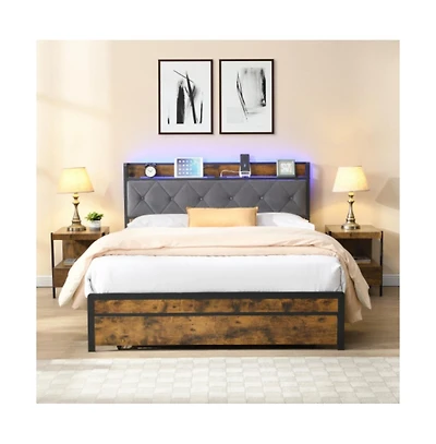 Lucky One Queen Size Platform Bed Frame with Upholstered Headboard, Led Lights, Usb Outlets, 2 Storage Drawers, No Box Spring Needed