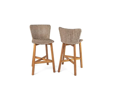 sumyeg Lymington Outdoor Bar Stool Set of 2, Teak Finished Wood with Wicker Seat