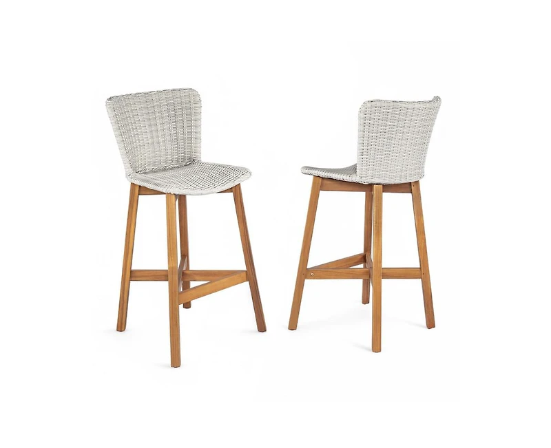 sumyeg Lymington Outdoor Bar Stool Set of 2, Teak Finished Wood with Wicker Seat