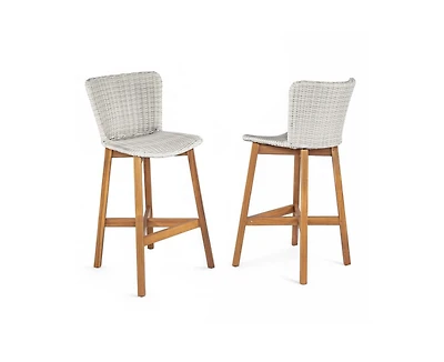 sumyeg Lymington Outdoor Bar Stool Set of 2, Teak Finished Wood with Wicker Seat