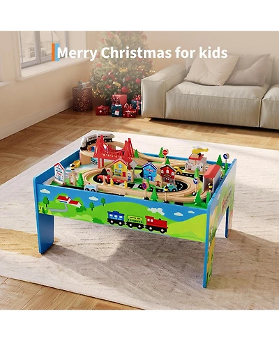homfan Train and City 2 in 1 Reversible 80-Piece Wooden Activity Table, Ages 3+