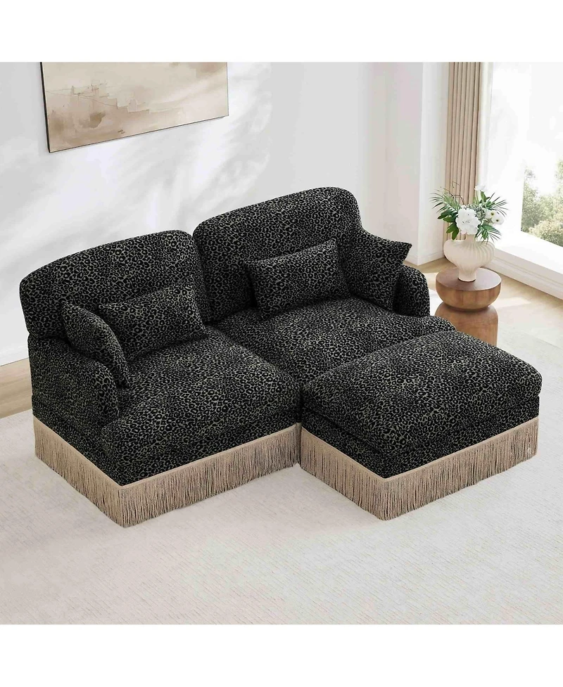 Maison Boucle Deep Seat Loveseat Sofa with Movable Ottoman, Leopard Print Chenille, Tassel Skirt Trim, Easy Assembly