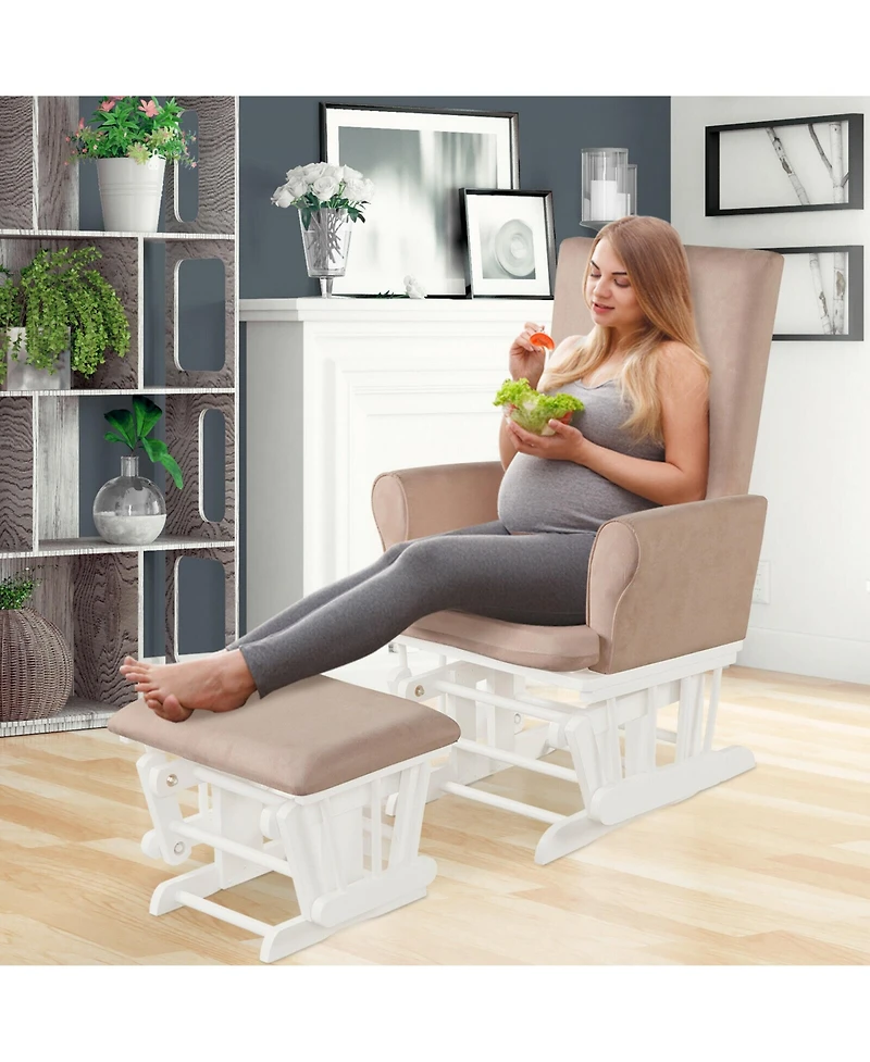Gymax Glider and Ottoman Cushion Set Wooden Baby Nursery Rocking Chair