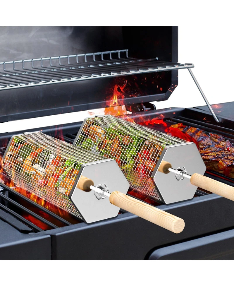 Xdovet Rolling Grill Basket Removable Wooden Handle Stainless Steel Bbq Tool