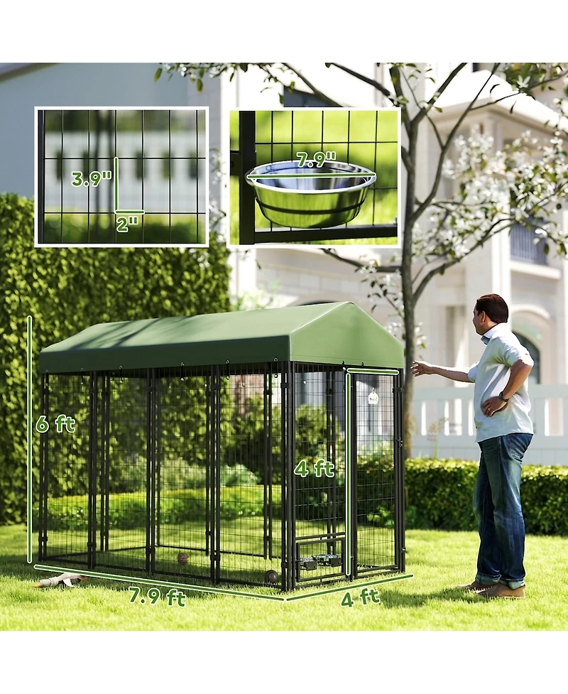 Ruie 8x4x6 ft Outdoor Dog Kennel with Rotating Bowl Holders and Waterproof Cover