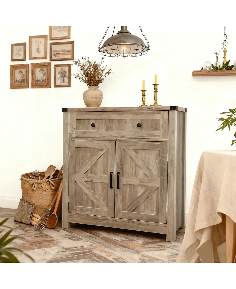 Clihome Wood-Grain Top Farmhouse Barn-Door Storage Cabinet