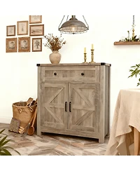 Clihome Wood-Grain Top Farmhouse Barn-Door Storage Cabinet