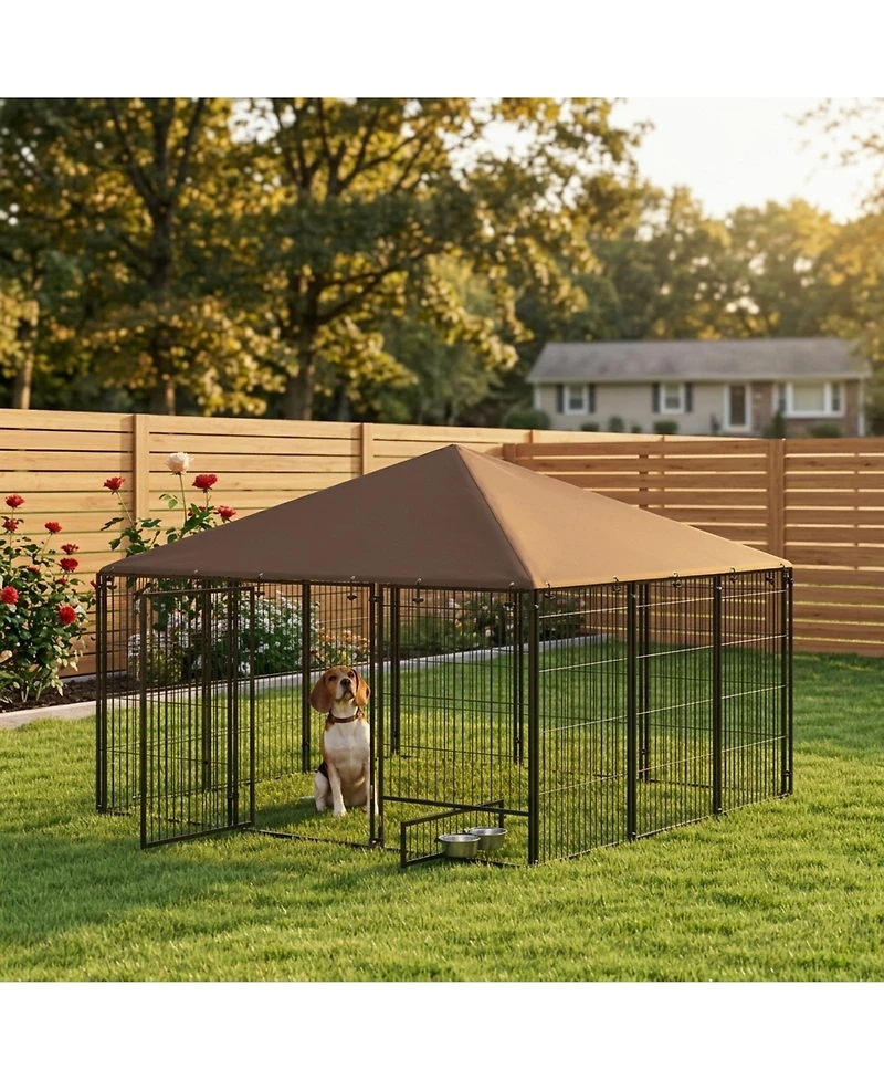 Ruie 6.9 ft Outdoor Dog Kennel with Canopy and Rotating Feeding Bowls