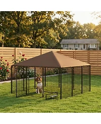 Ruie 6.9 ft Outdoor Dog Kennel with Canopy and Rotating Feeding Bowls