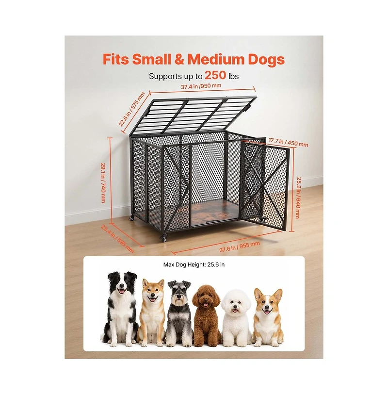 Ruie 38 in Heavy Duty Dog Crate with Double Doors and Lockable Wheels