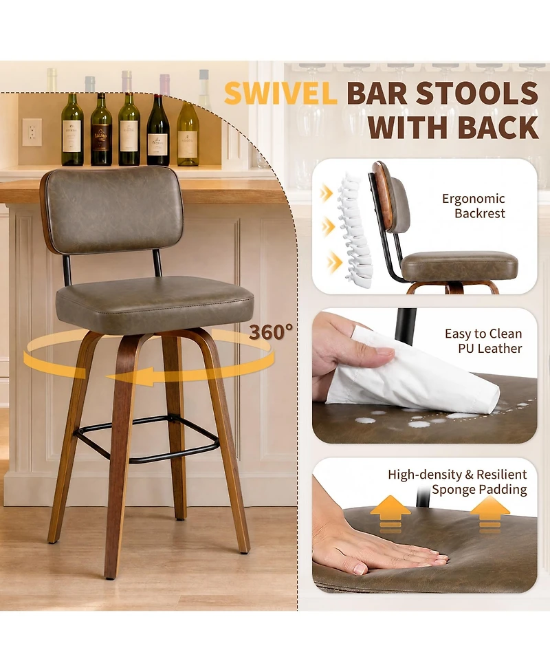 homfan Counter Height Bar Stools Set of 4, 26" Swivel Bar Stools with Back and Bentwood Legs Upholstered Counter Stools