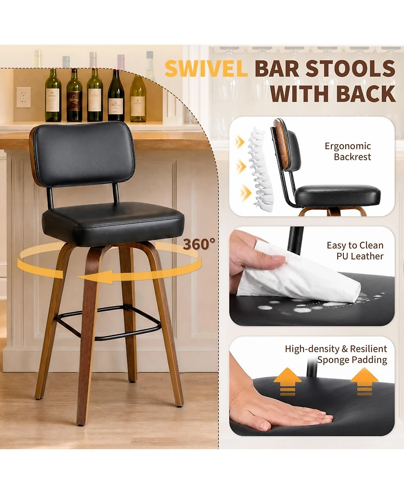 homfan Set of 3 Counter Height Bar Stools, 26" Swivel Stools with Back and Bentwood Legs, Faux Leather Upholstered