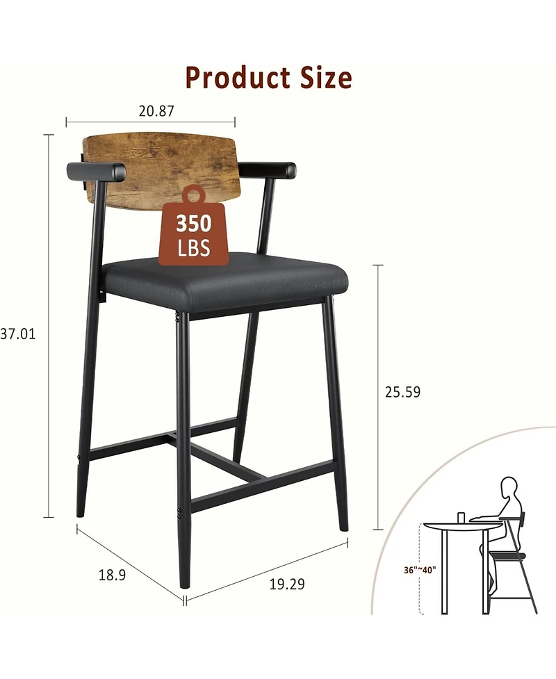 homfan Set of 2 Bar Stools with Arms, Wood Back and Footrest, 26" Counter Height
