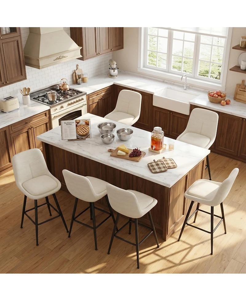 homfan Set of 6 25" Upholstered Bar Stools, Counter Height Chenille Fabric Barstool with Footrest, Backrest and Metal Legs, Modern Bar Chairs