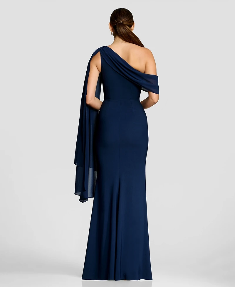 Dress the Population Women's Asymmetrical Neck Shoulder-Drape A-Line Gown