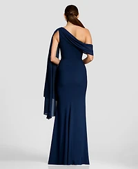 Dress the Population Women's Asymmetrical Neck Shoulder-Drape A-Line Gown