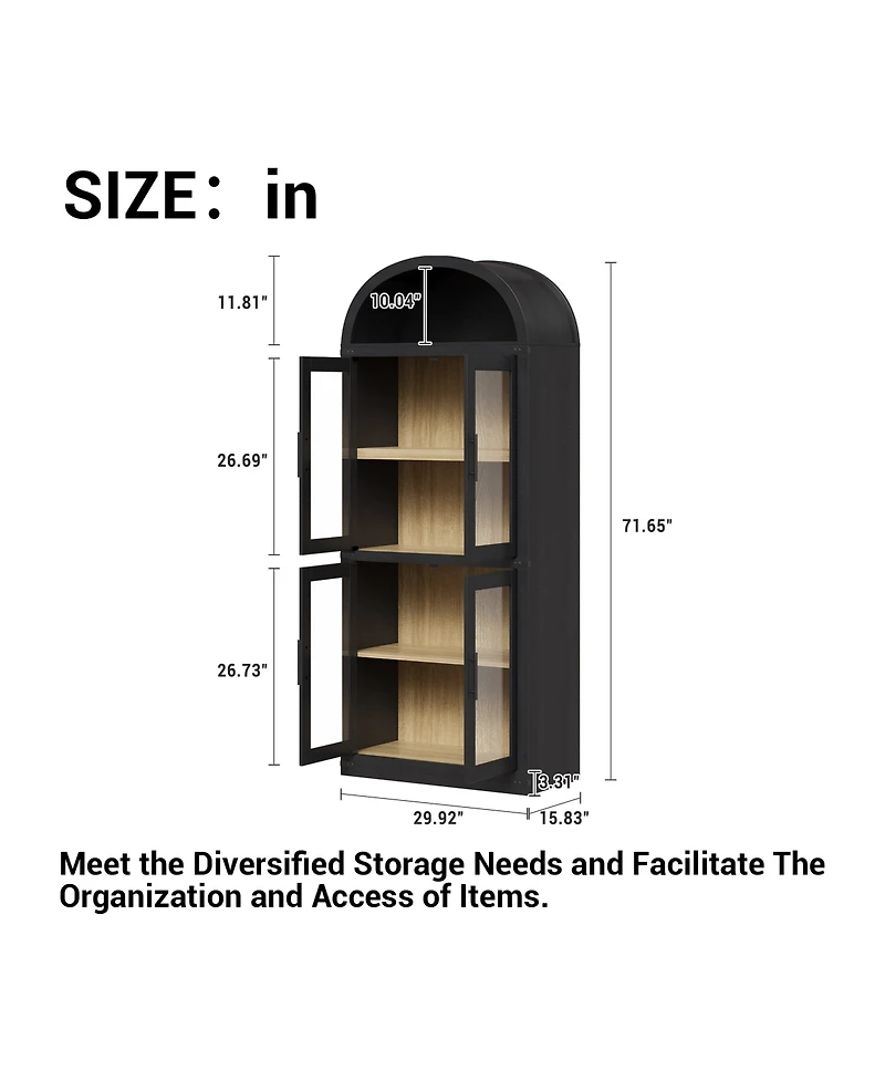 homfan Arched Storage Cabinet with Glass Doors, Tall 4 Tier Freestanding Organizer for Entryway, Living Room, Home Office