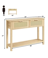 homfan Boho Rattan Console Table with 2 Drawers - Narrow Sofa Side Table - 2-Tier Wooden Storage Shelf