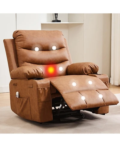 homfan Oversized Manual Rocking Chair, Corduroy 360degree(s) Swivel Glider with Cup Holder, Massage and Heat Recliner, Small Sofa Chair
