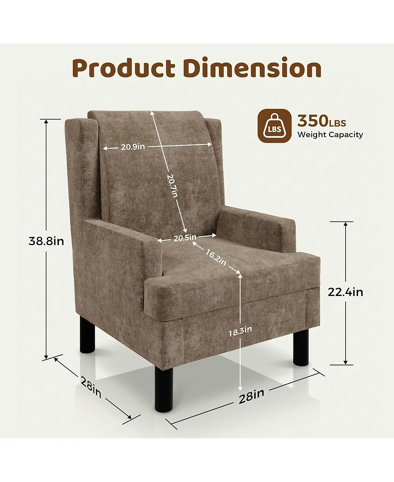homfan Wingback Accent Chair for Living Room, Mid-Century Modern Reading Chair with Chenille Upholstery, High Back, Pillow and Wood Legs