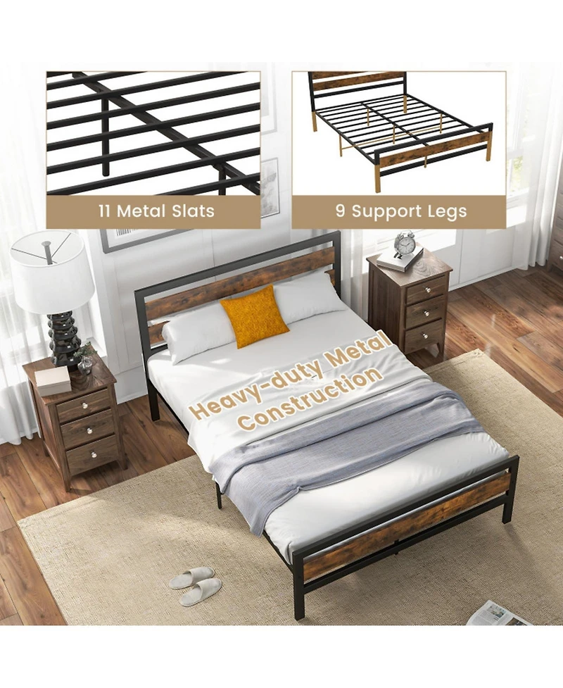 Gouun Full Size Industrial Metal Bed Frame with Rustic Headboard and Footboard