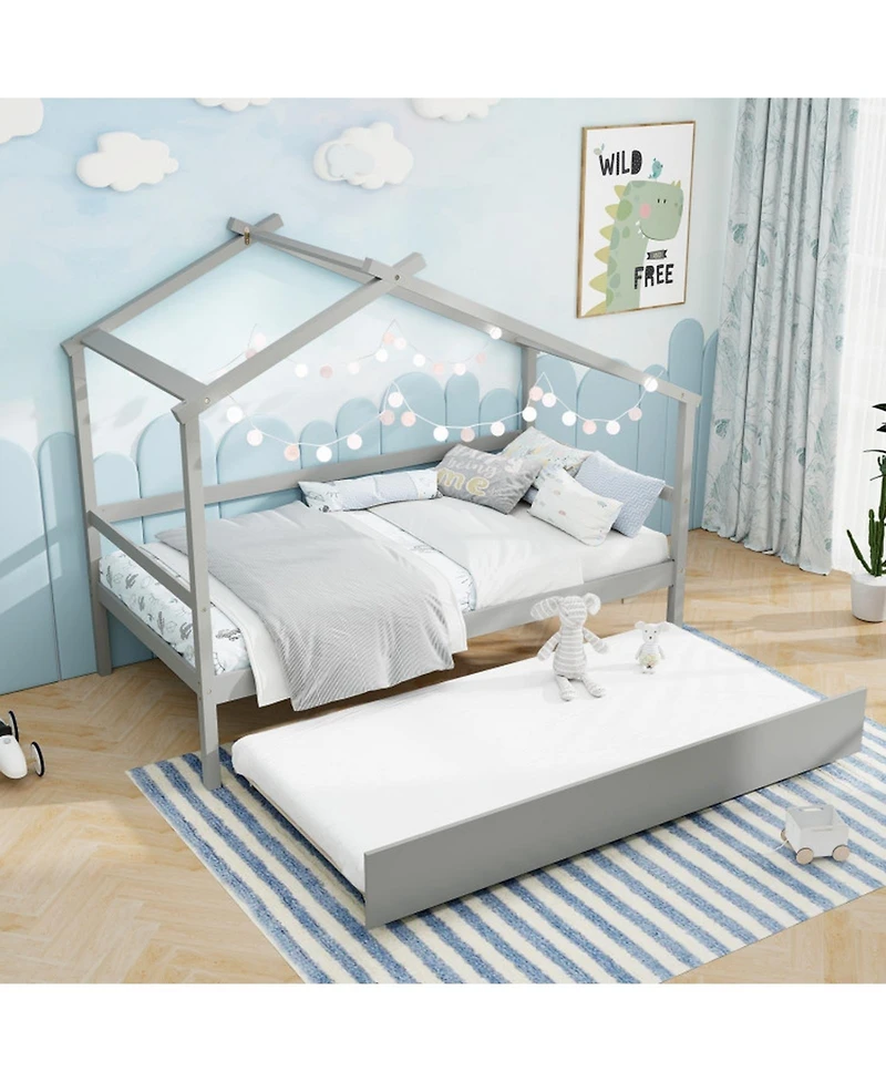 Gouun Kids Twin House Bed with Roof and Pull-Out Trundle for Sleepovers