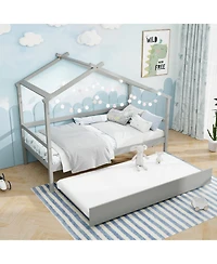 Gouun Kids Twin House Bed with Roof and Pull-Out Trundle for Sleepovers